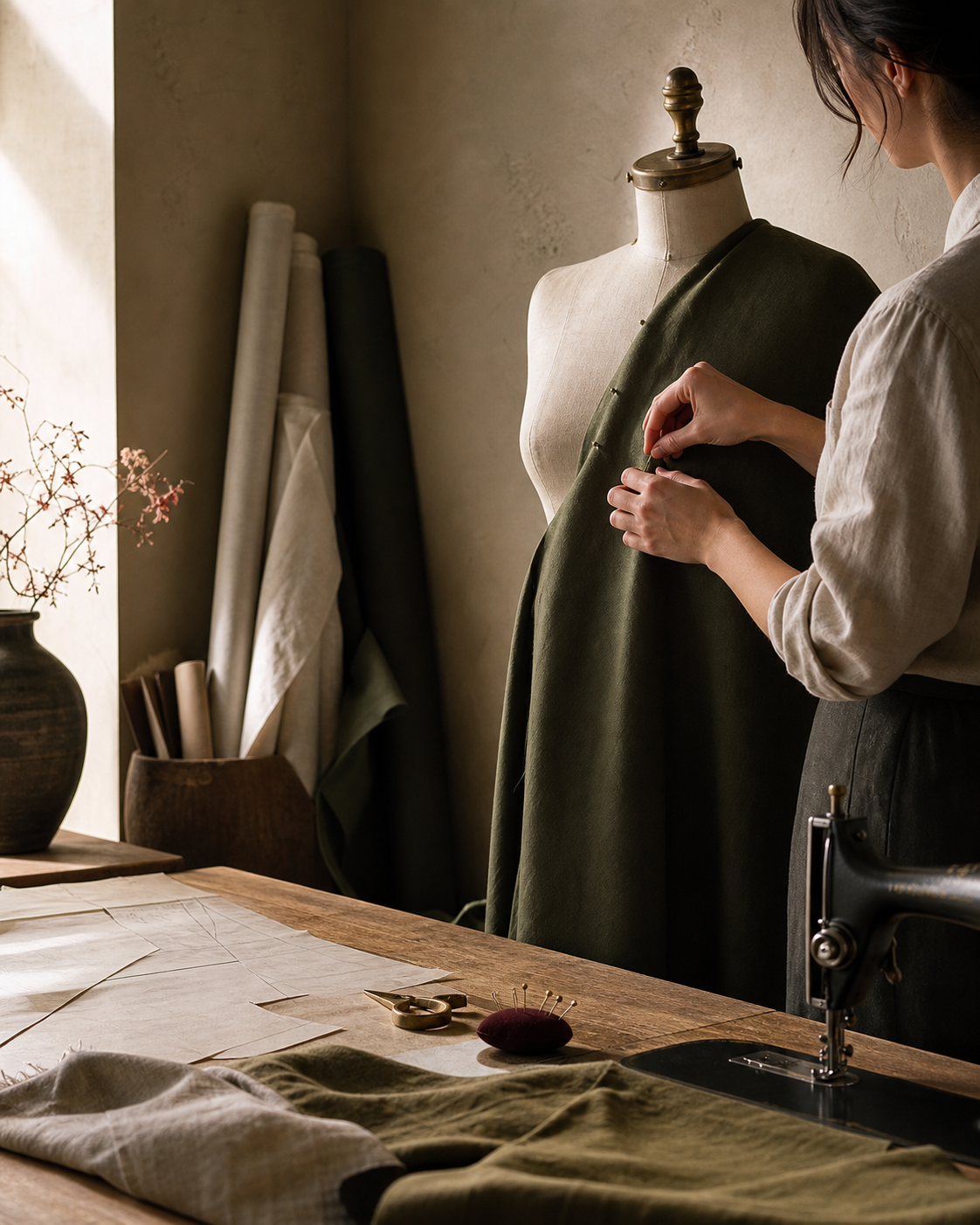 A tailor pinning olive fabric on a dress form in the Zeytoun atelier